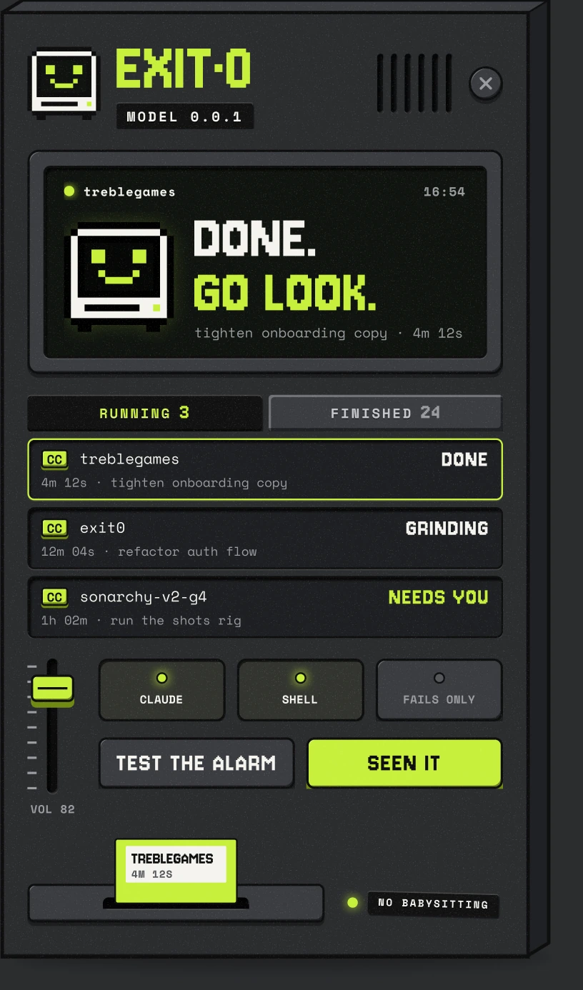 The Exit·0 Mac device: a pixel-art machine with a screen reading DONE. GO LOOK., a RUNNING 3 FINISHED 24 tab block, three pads, TEST THE ALARM and SEEN IT keys, and a floppy ejected from the drive.