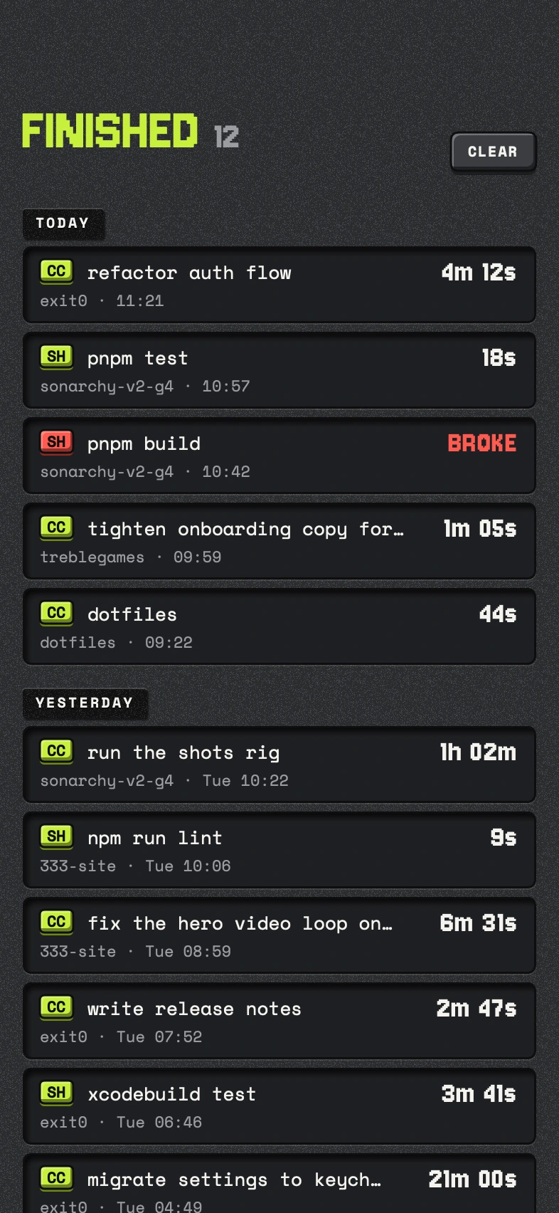 The FINISHED tab on the iPhone: 12 rows grouped under TODAY and YESTERDAY, each with a chip, a title, the folder and time, and its length such as 4m 12s, or BROKE.
