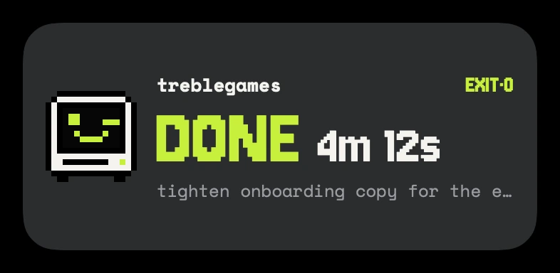 A lock screen card once the run finished: treblegames, EXIT·0, DONE 4m 12s, and the prompt title.