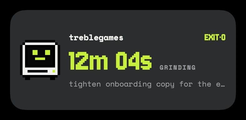 A lock screen card while a run is on: treblegames, EXIT·0, 12m 04s ticking, GRINDING, and the prompt title.
