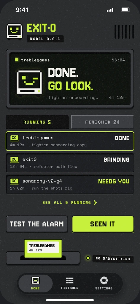 The iPhone Home screen: the Exit·0 screen reading DONE. GO LOOK., RUNNING 3 and FINISHED 24 tabs with three rows, TEST THE ALARM and SEEN IT keys, the floppy drive and the HOME, FINISHED, SETTINGS tab bar.