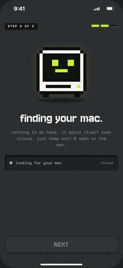 Setup step 2 of 3 on the iPhone: the mascot, finding your mac., a status line looking for your mac, and a NEXT key.